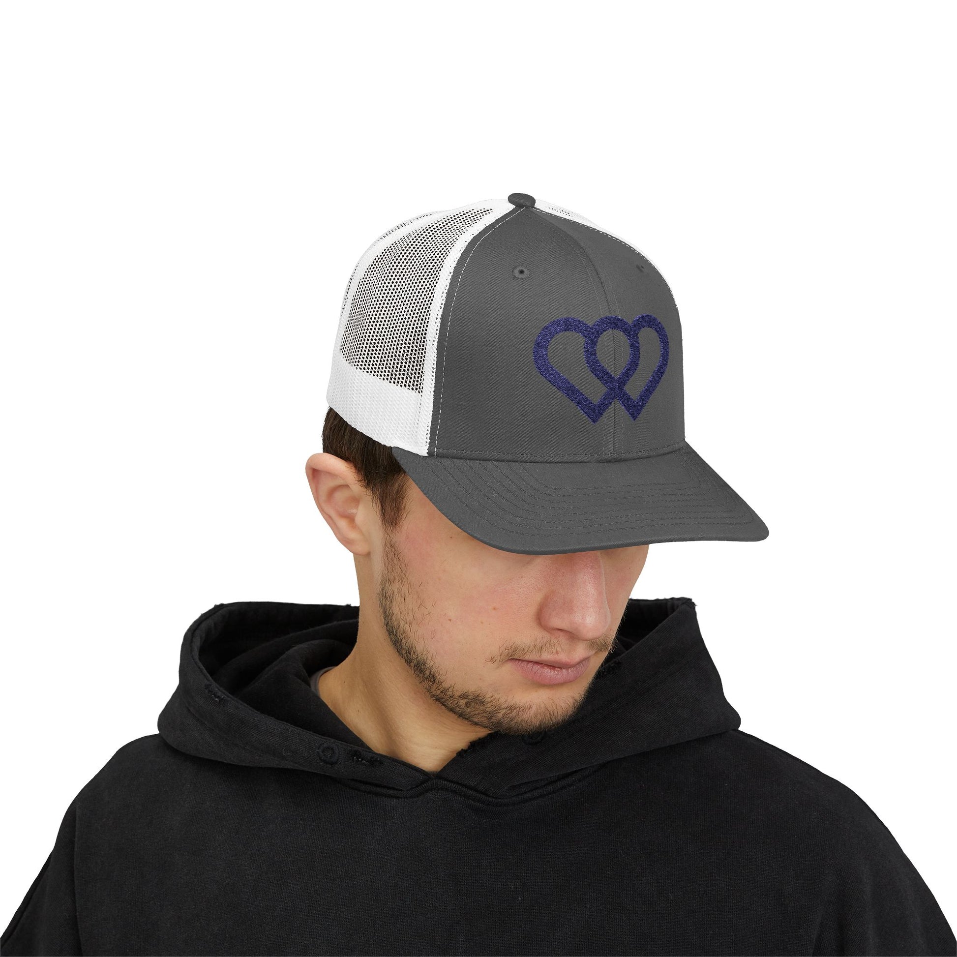 Heart Link Snapback Trucker Cap – Interlocking Hearts Embroidered Mesh Hat